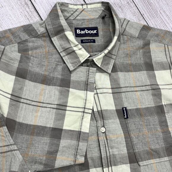 Barbour Button Up Mens Sz L Regular Fit Plaid Check Short Sleeve Shirt - Picture 1 of 7